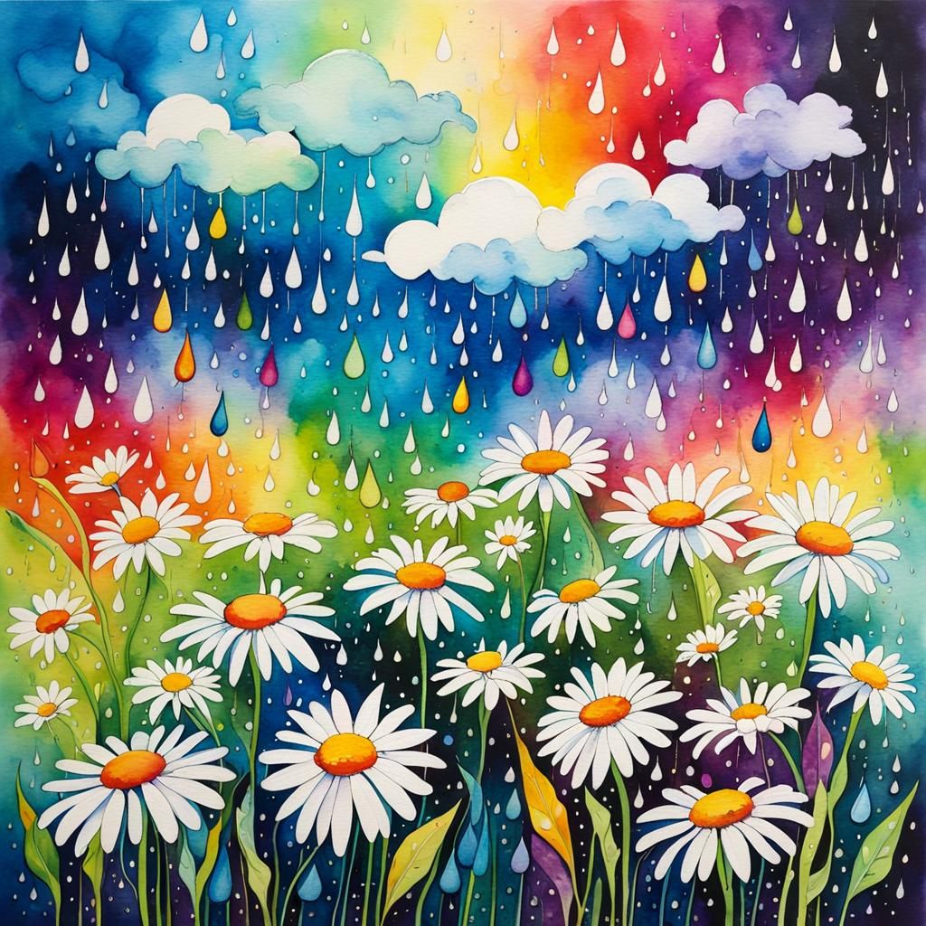 Rainbow rain and daisies - AI Generated Artwork - NightCafe Creator