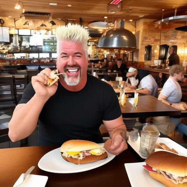 Guy from Flavortown in a restaurant eating a meaty juicy won...