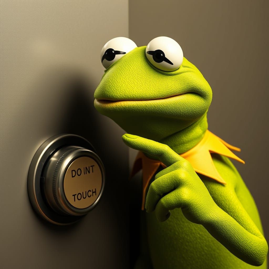 Kermit the Frog hesitating before pressing a button labeled DO NOT TOUCH