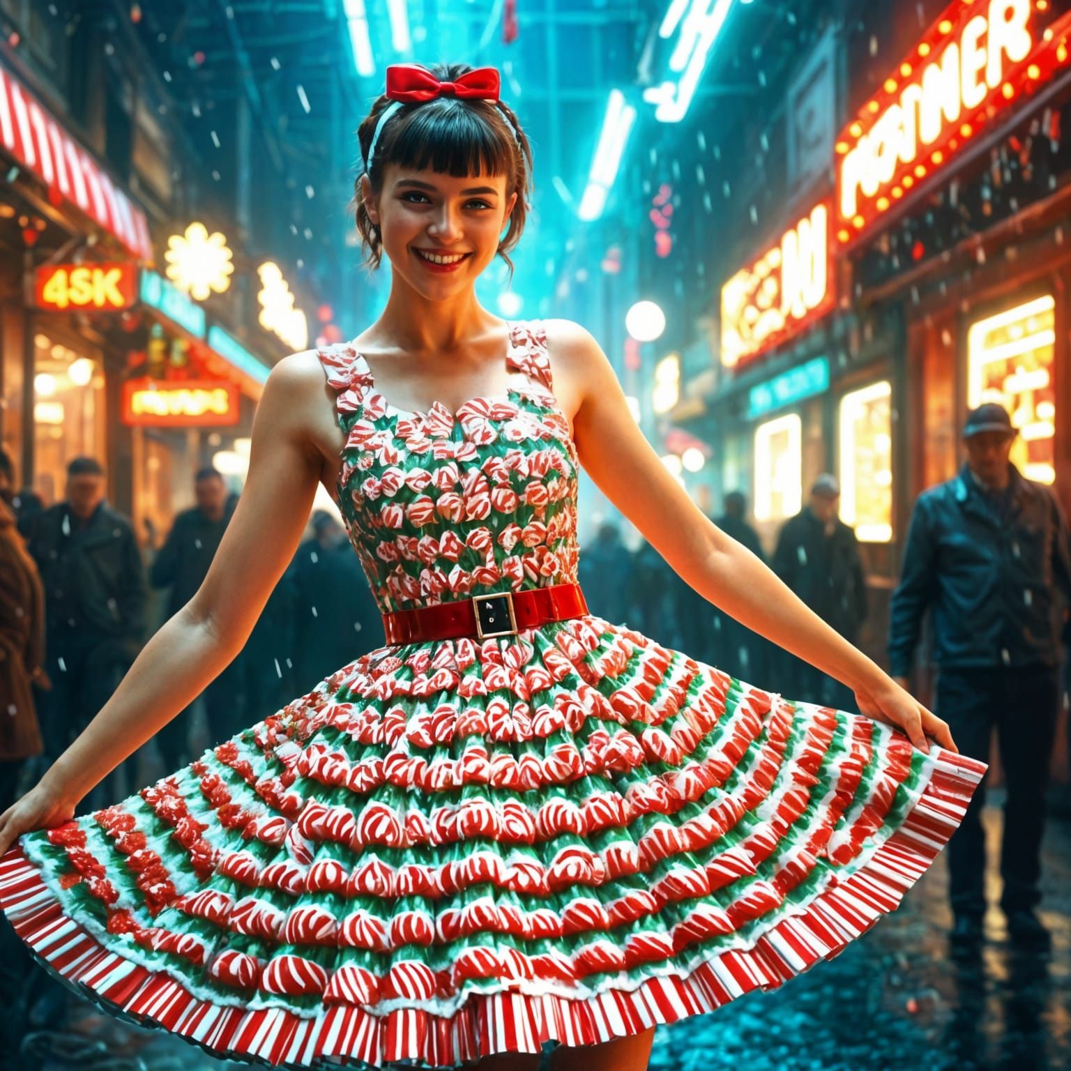 A smiling woman wears a dress made of old school small indiv...