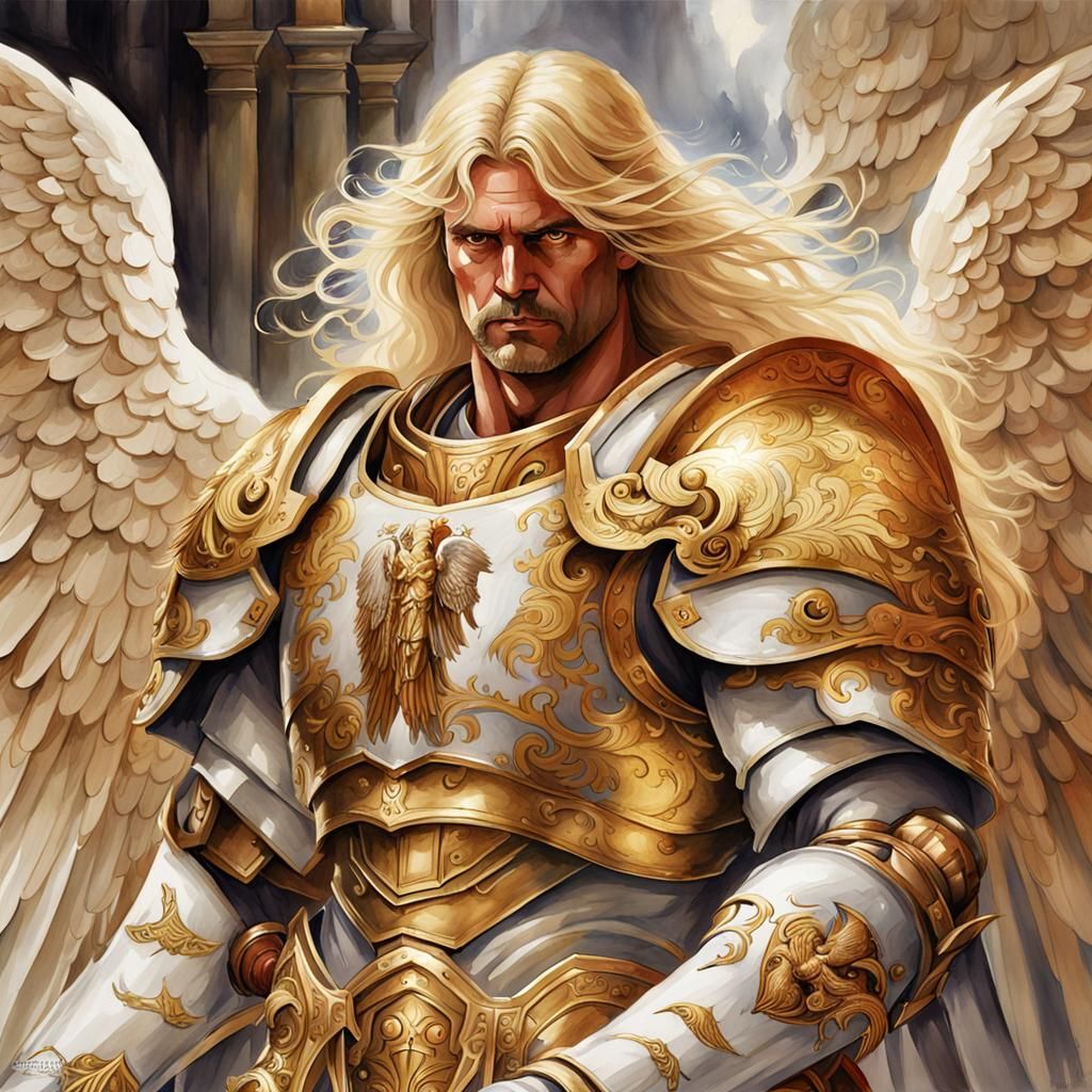 Watercolor painting of Sanguinius. White angel wings, long b...