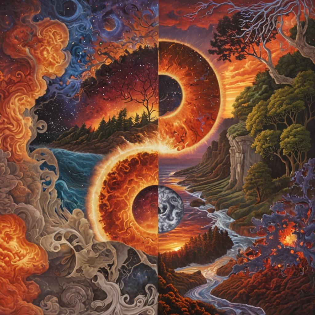 Ying Yang image depicting a surreal vibrant landscape split ...