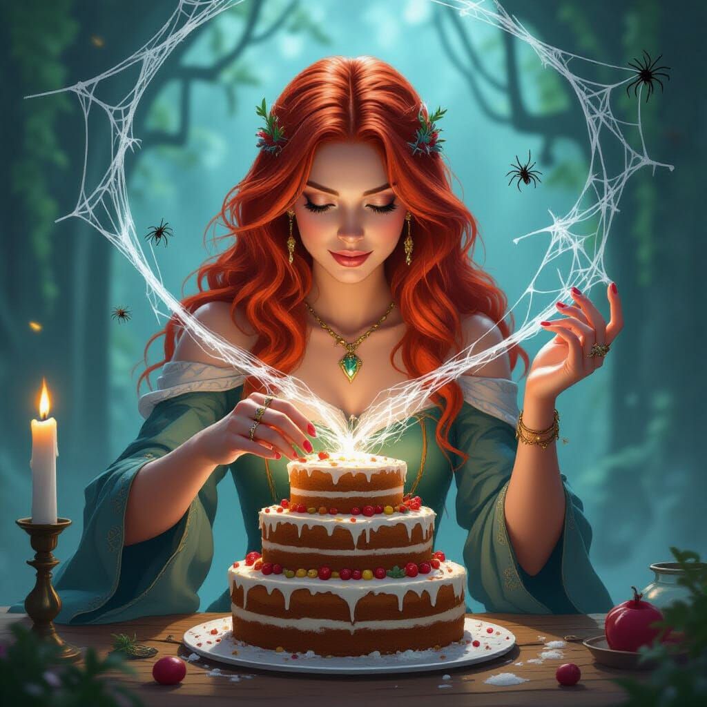 A red headed Sorceress weaving a multilayer cake with spider webs of magic