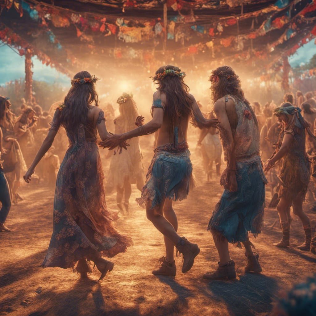 Hippies dancing at woodstock facing the stage