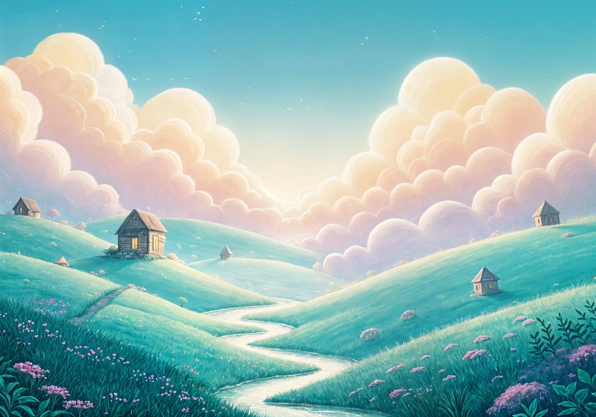 "A whimsical landscape with soft rolling hills made of pastel-colored clouds, a small glowing river flowing gently between them. Floating st...