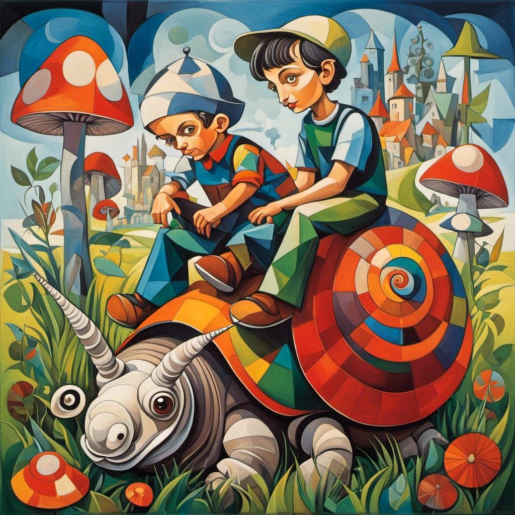 Cubism, boy Riding on a large snail, grass, mushrooms <lora:BurtonCubism:1.0>