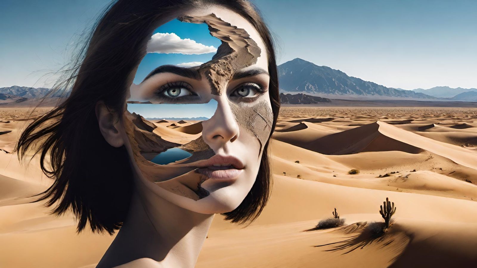 Dual exposure.  Woman face. Chrome desert reflections. Deser...