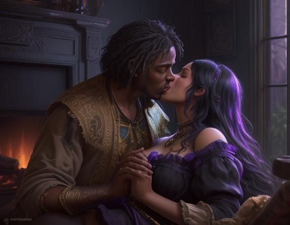Two black lovers kissing by a roaring fireplace, in the styl...