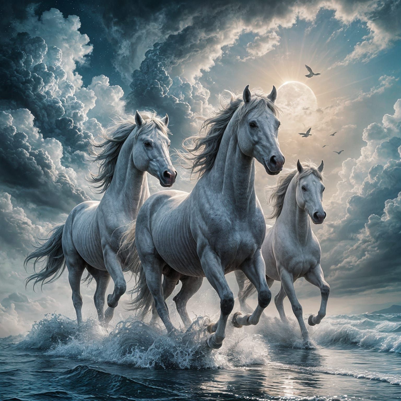 Celestial Horses Galloping Through Stormy Skies in a Surreal...