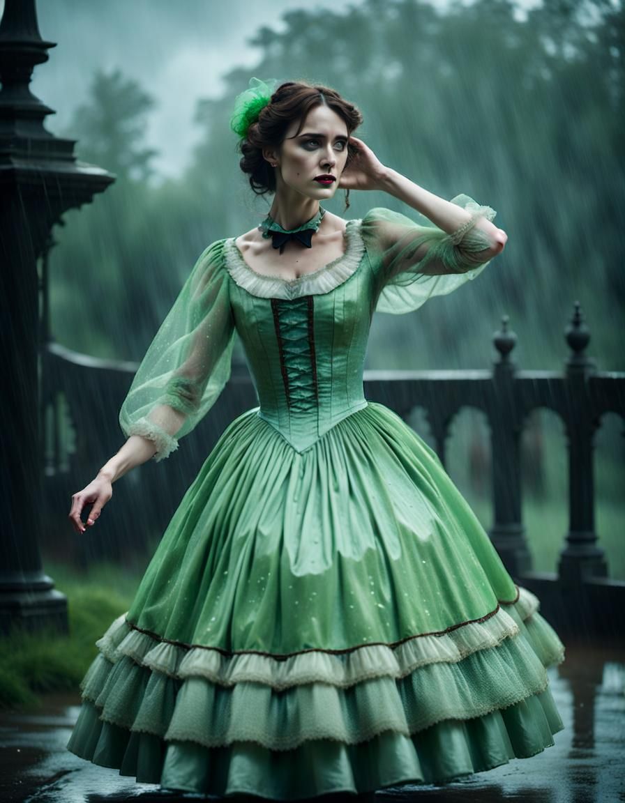 Woman wearing green crinoline dress gets wet from the rain in the style ...