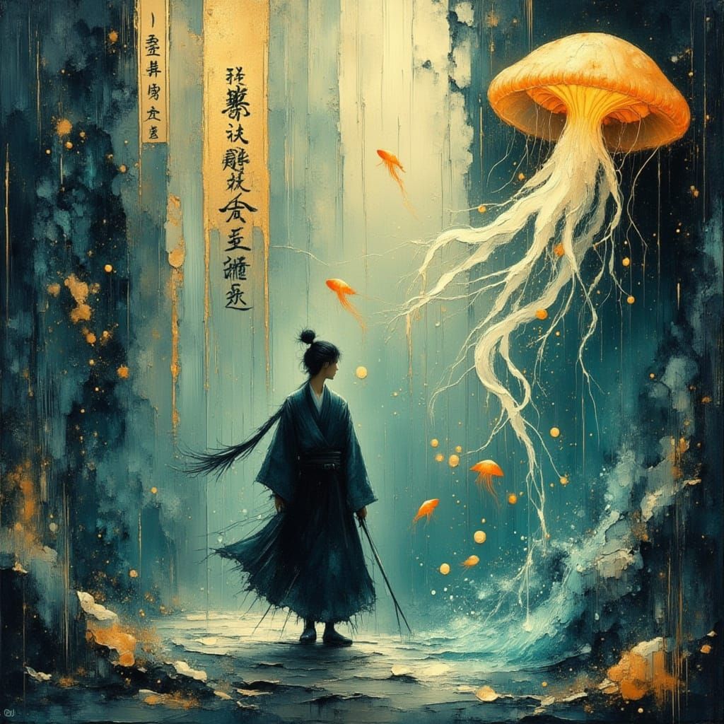 <lora:Akimora:1.0> <lora:Beautiful women:1.0> <lora:divineOil:1.0> <lora:Jellyfish Ascension:1.0> In nyc, elegant handsome samurai warrior w...