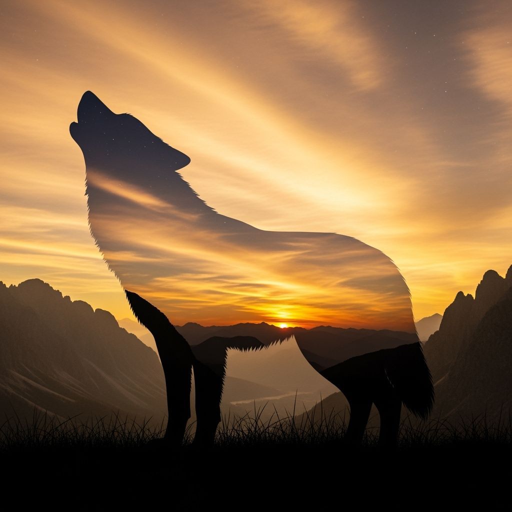 Double Exposure Wolf Silhouette with Sunset Landscape