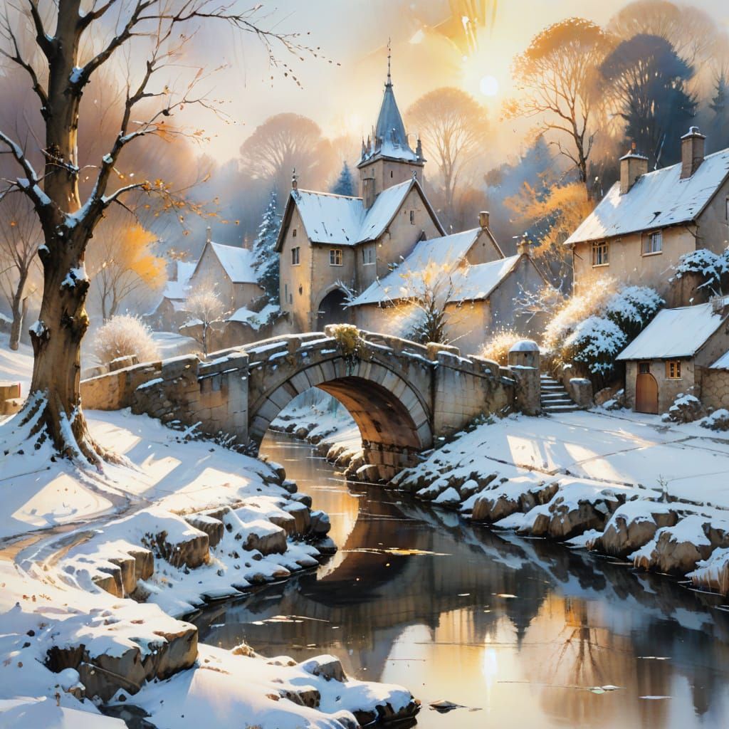 Landscape, stone bridge over the serene pond by a medieval village 18th century, sunny winter day in ...  by @Tatti