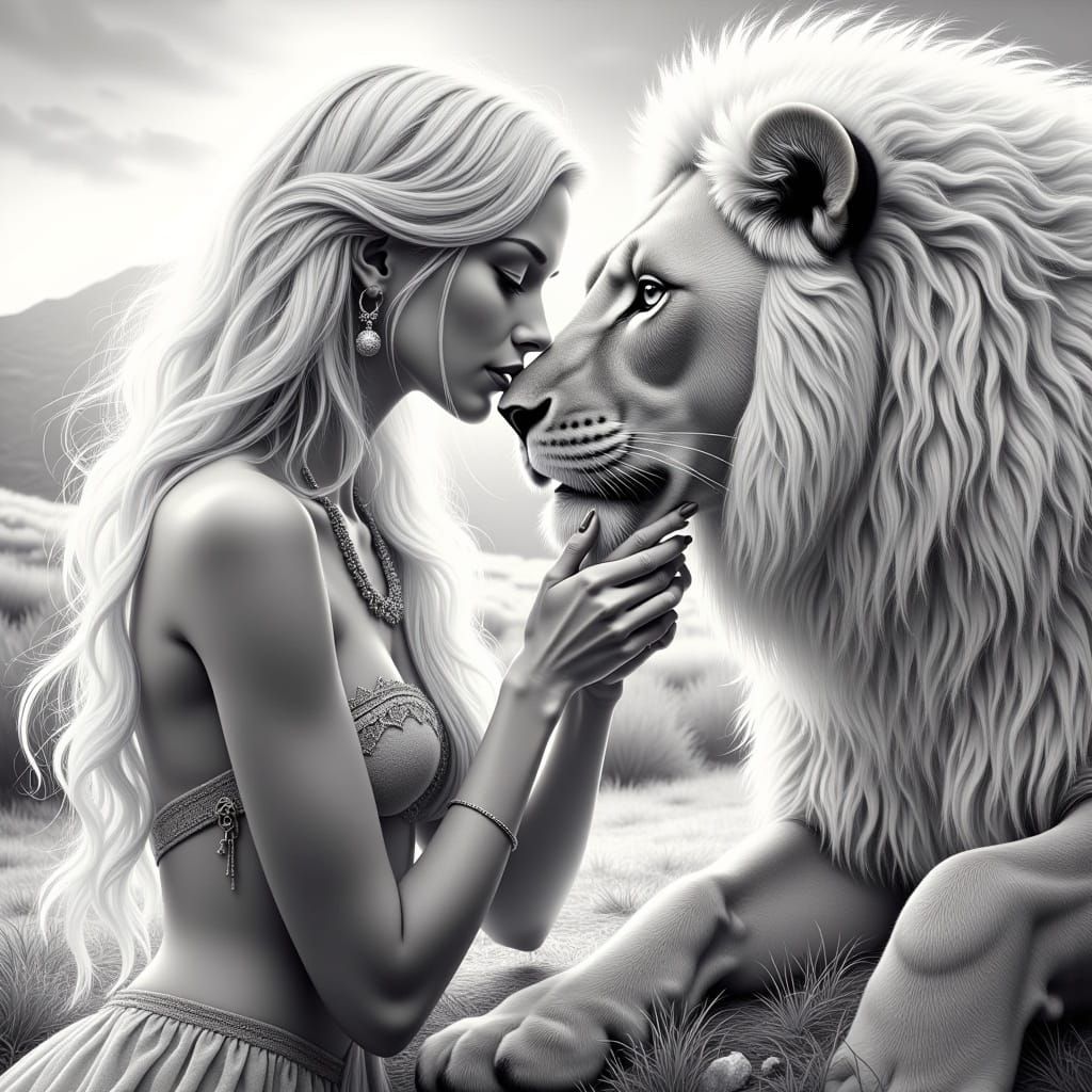 Black and white portrait in fine graphite with soft fine lines of a beautiful woman with white hair mixed with loose black and mesmerizing b...