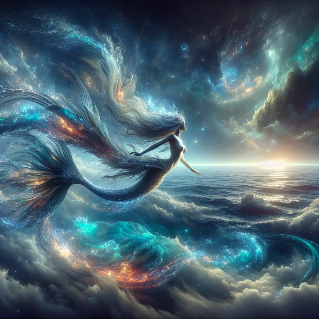 Mermaid Leaps from Cosmic Ocean: Digital Matte Painting