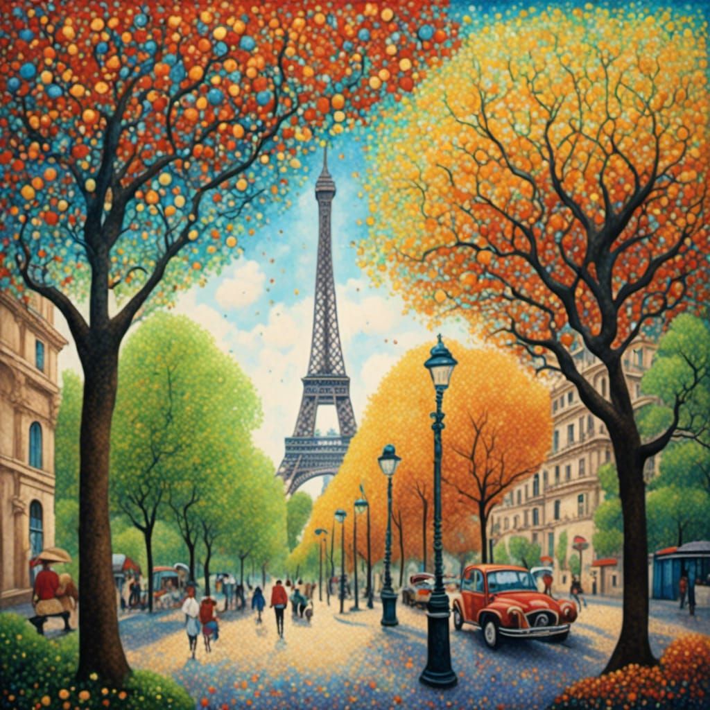 <lora:DarkPointillismXL:1.0> Paris quarter Eiffel tower view from the street trees flowers colorful  high detail