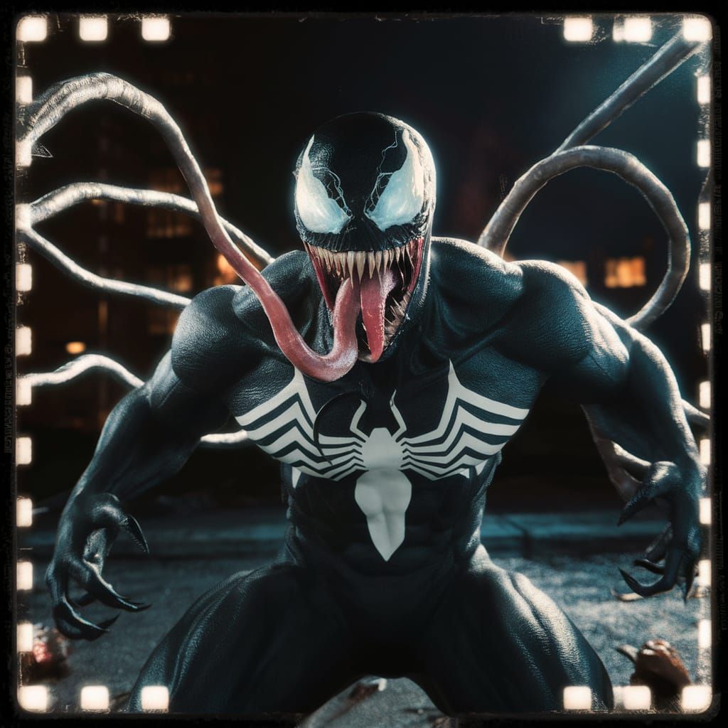 Venom with light blue eyes and glowing spider logo. long tongue. long ...