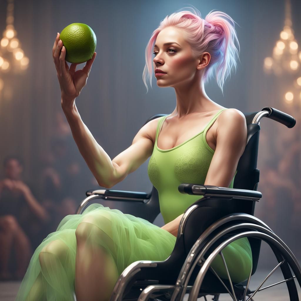 Ballerina with lime hair in a wheelchair dancing