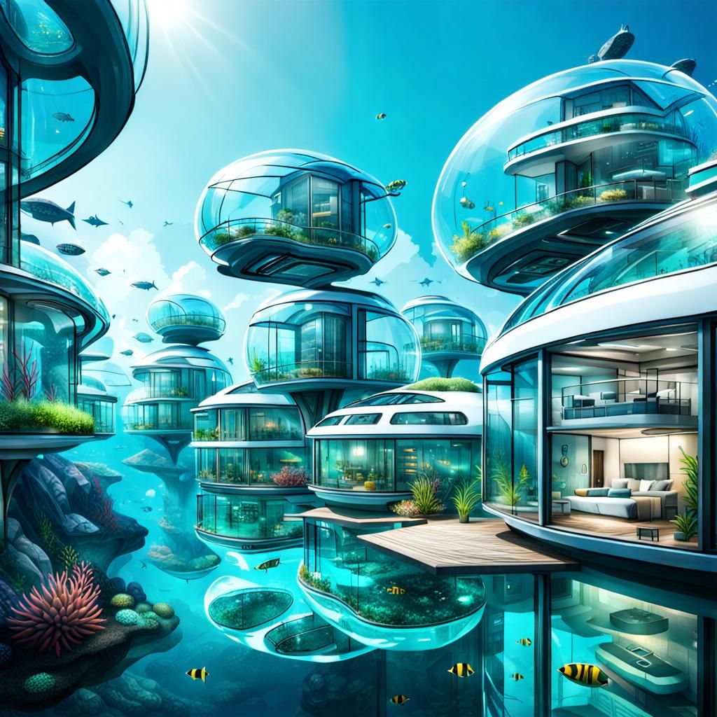 busy futuristic hi-tech underwater residential neighborhood....
