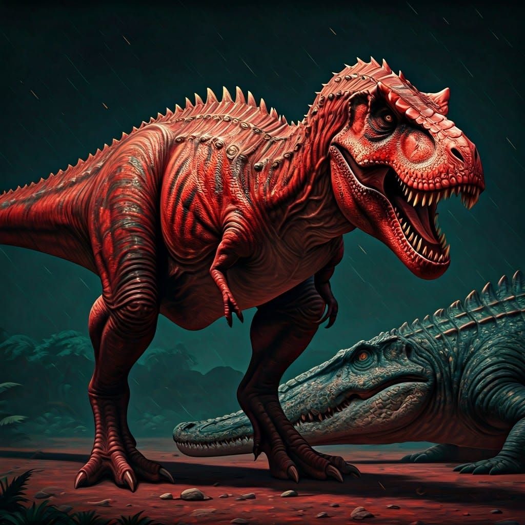 A colossal iridescent scarlet red tyrannosaurus rex with two...