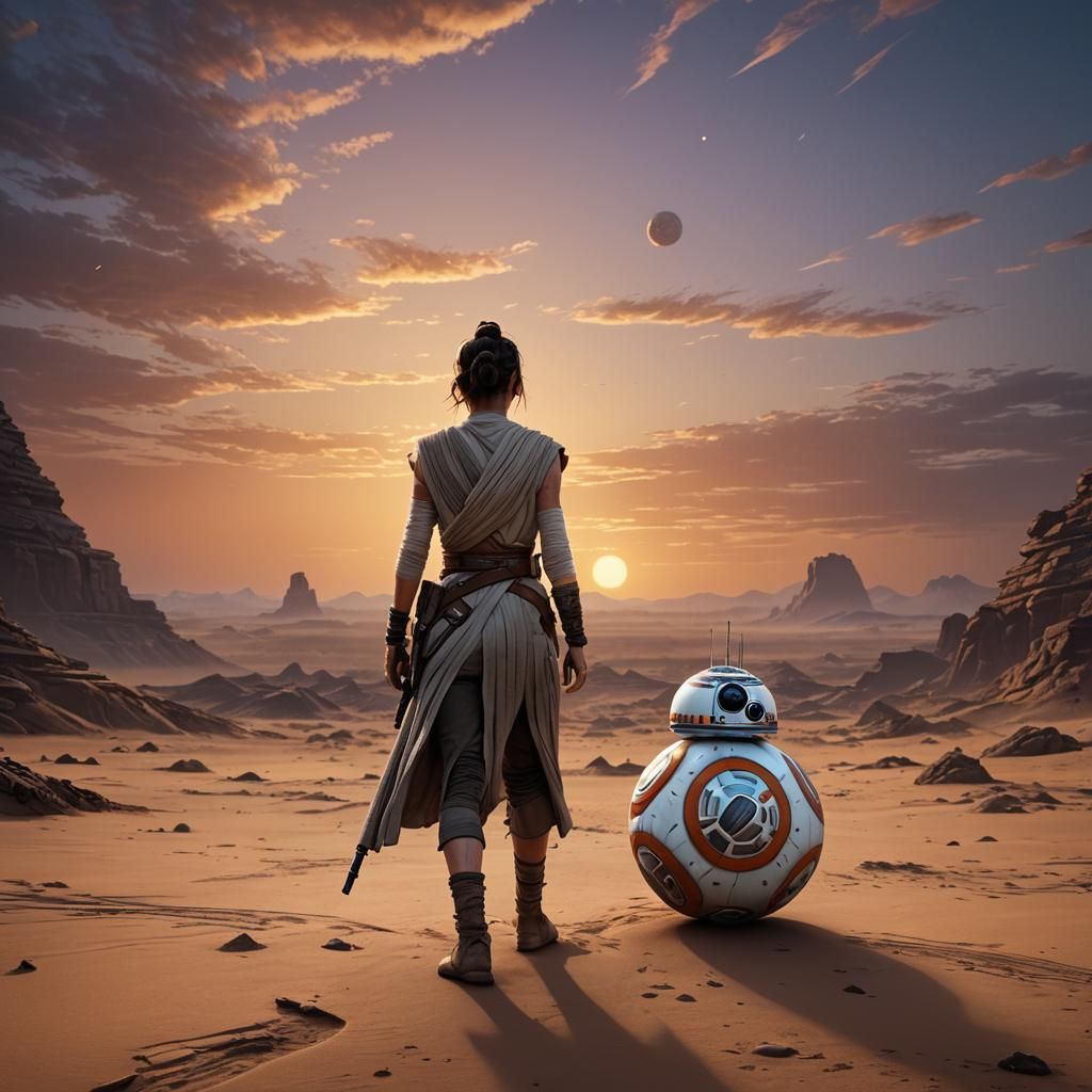 rey skywalker; jakku sunset; bb8 - AI Generated Artwork - NightCafe Creator