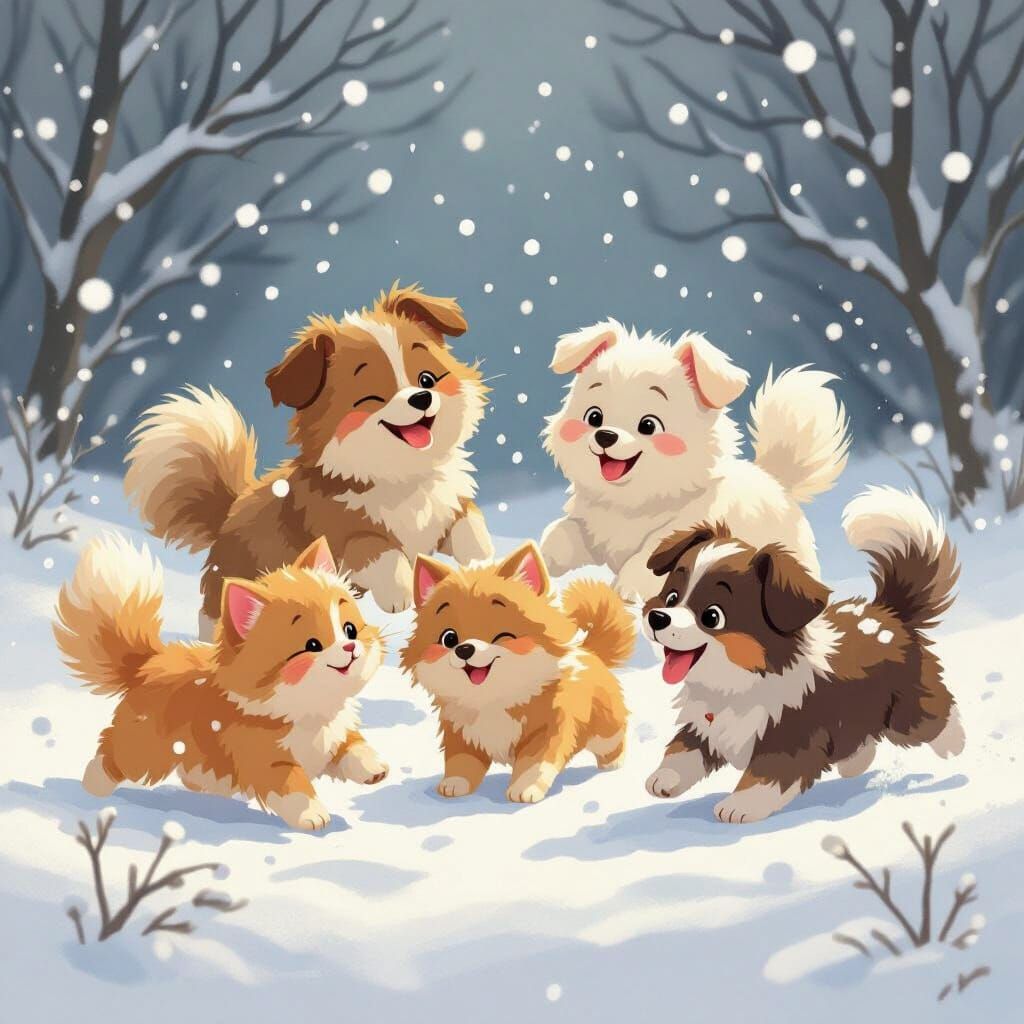 Cats and Dogs Play in Whimsical Snowfall