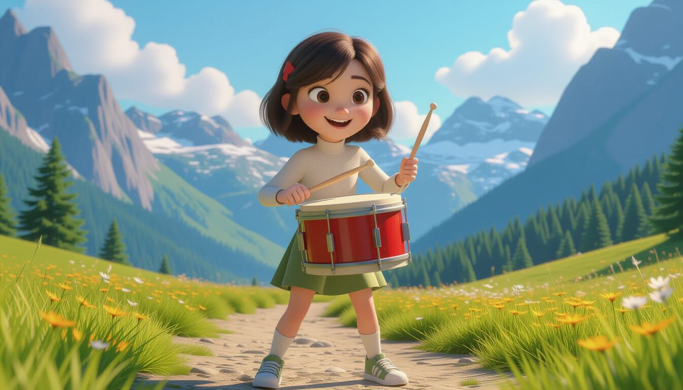 Animated Girl Plays Bucket Drum in Pixar Style