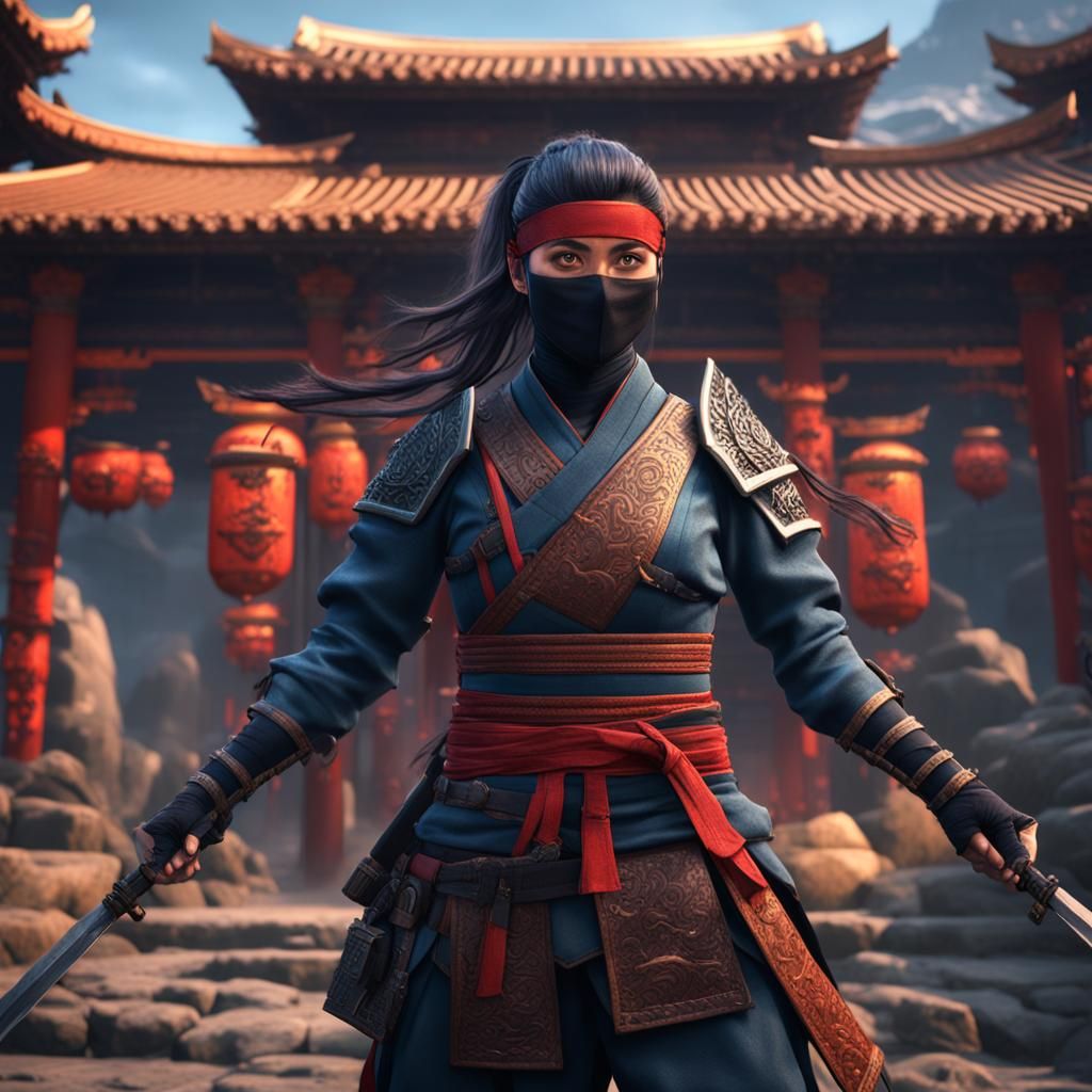 a female ninja holding two kitanas
