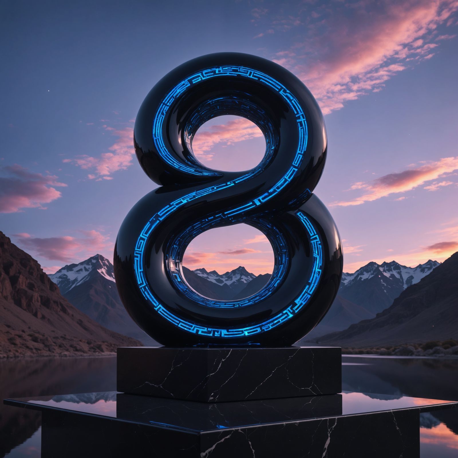 Obsidian Number 8 Sculpture in Neon-Lit Futuristic Ambiance