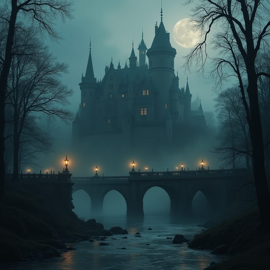 Gothic Castle in Misty Forest with Lanterns and Bridges