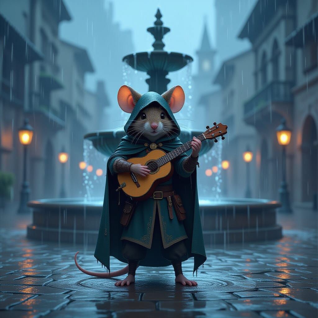 Finn, an anthropomorphic wandering mouse bard-ranger, stands utterly alone at the very center of a vast city square, right in front of an or...