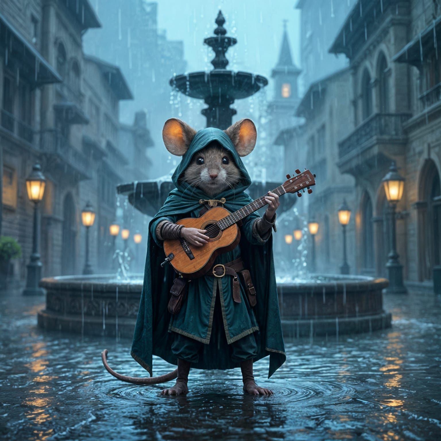 Finn, an anthropomorphic wandering mouse bard-ranger, stands utterly alone at the very center of a vast ...  by @Zhopen