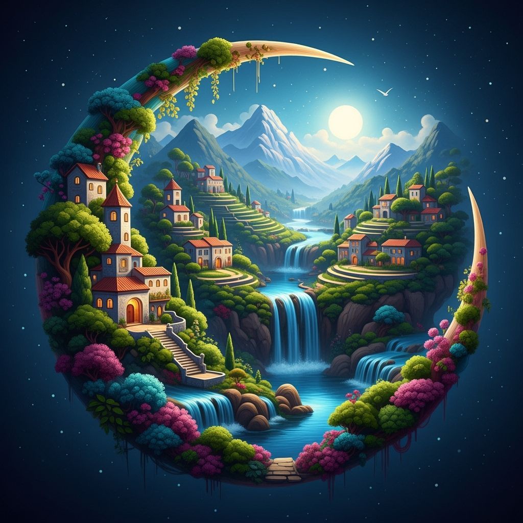 Colorful Thread Village Inside Crescent Moon