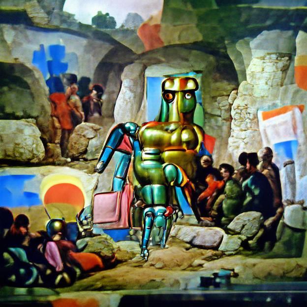 Robot from the bronze age colourful parallax renaissance pai...