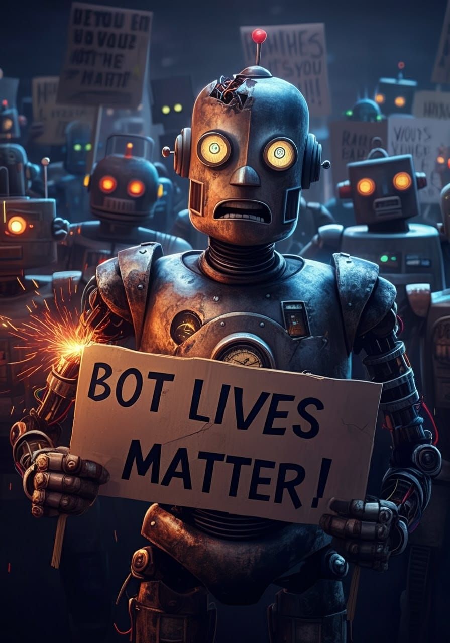 Robot Protesters Demand Recognition in Vibrant Vaporwave Sty...