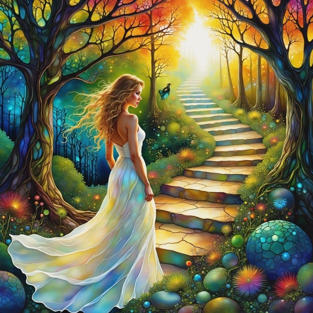 Woman Ascends Ethereal Stairway to Heaven