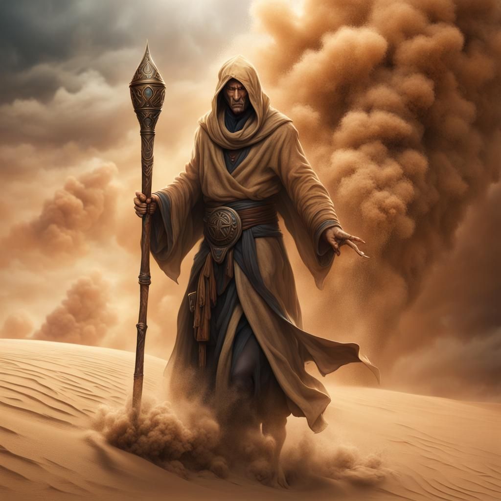 sand mage with staff dissappearing into sand storm; his face showing as ...