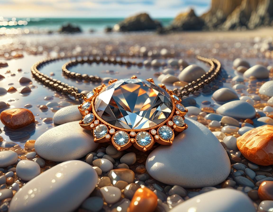 a diamond necklace washed up on a pebble shore, extremely, detailed environment, detailed background, ...  by @Spearmint