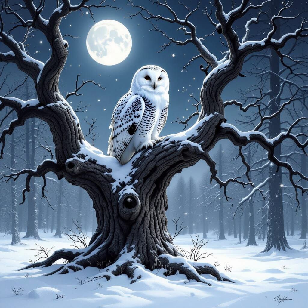 A majestic snowy owl perched atop an ancient, gnarled oak tree in a moonlit forest. The owl's feathers ...  by @undefined