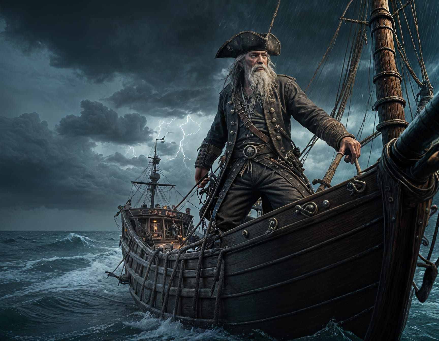 grizzled old pirate captain fishing from the bow of a ghostly galleon in massive thunderstorm, lightning illuminating skeleton crew, catchin...