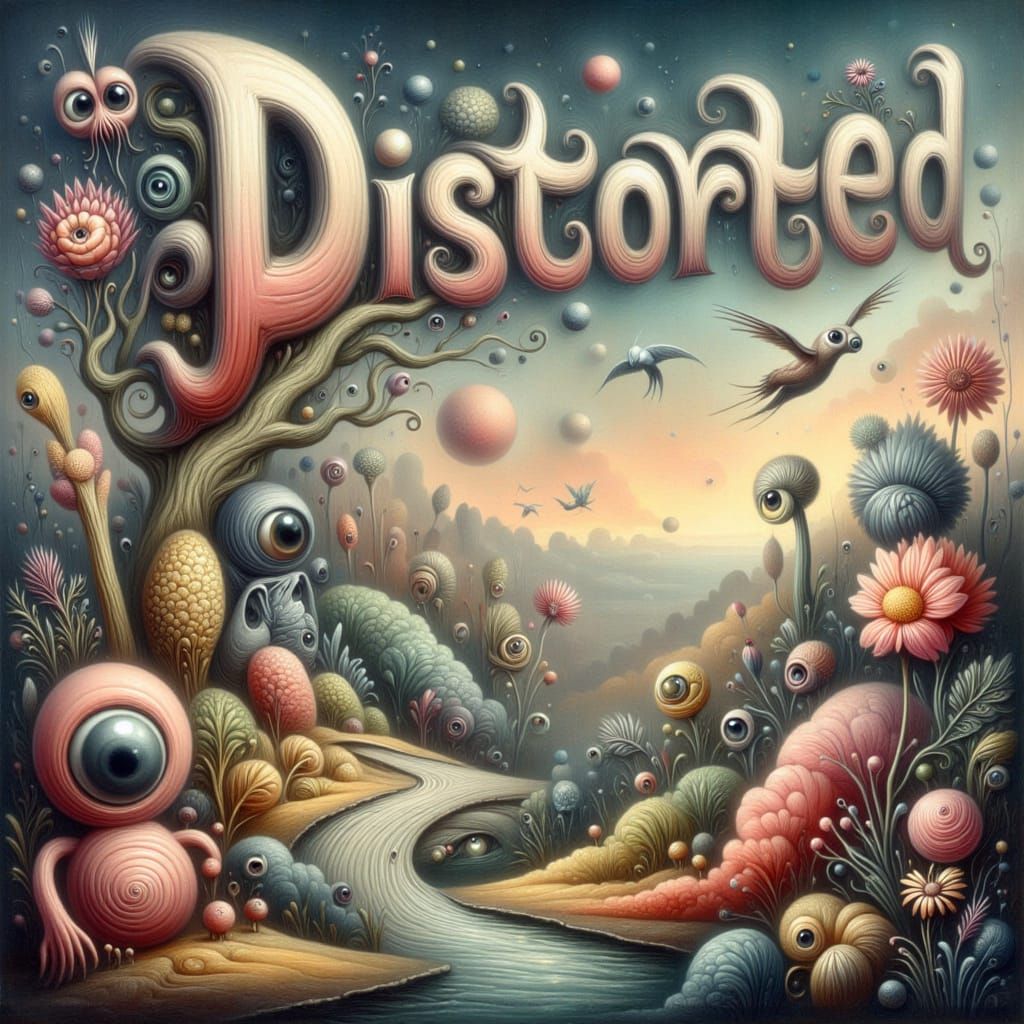 <lora:-Distorted Whimsy-:1.0> a landscape with text "Distorted" and  "Whimsy" in extravagant letters