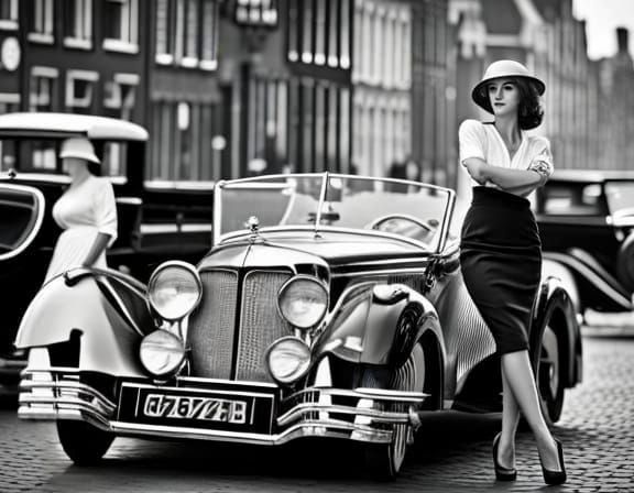 Woman in front of classic car in early 20th century Amsterdam   by @Fokje
