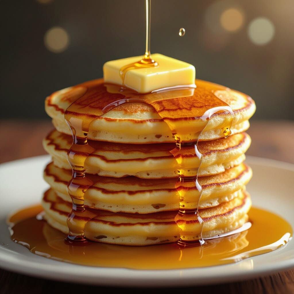 A photorealistic HD glowing stack of pancakes with syrup cascading down the side  by @Kocar