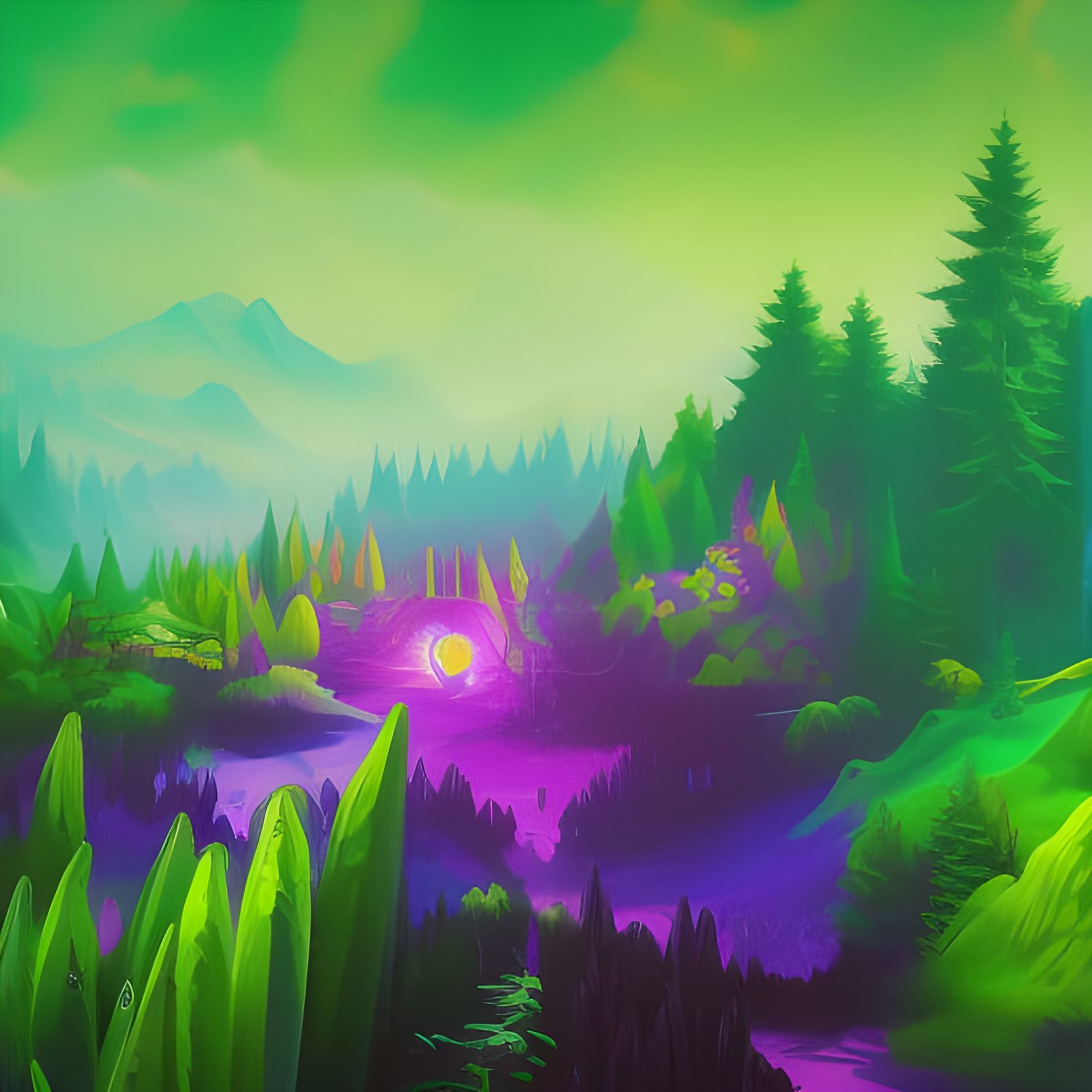 Path through beautiful fantasy forest, mountains, starry nig...