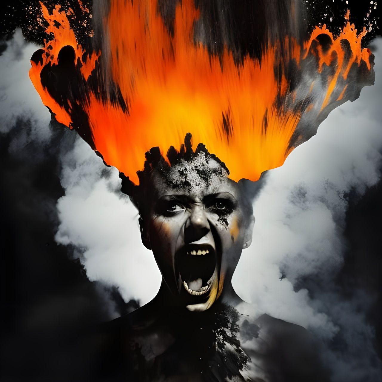 double exposure portrait angry screaming woman with hot lava, exploding ...