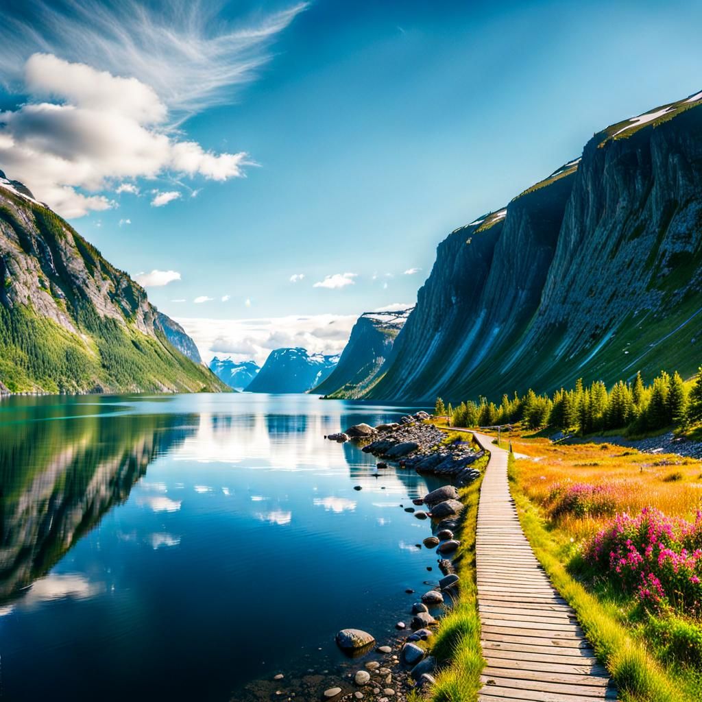 Paths to a fjord in summer