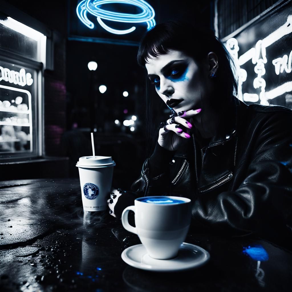 intense pink neon light. intense blue neon light. female got...