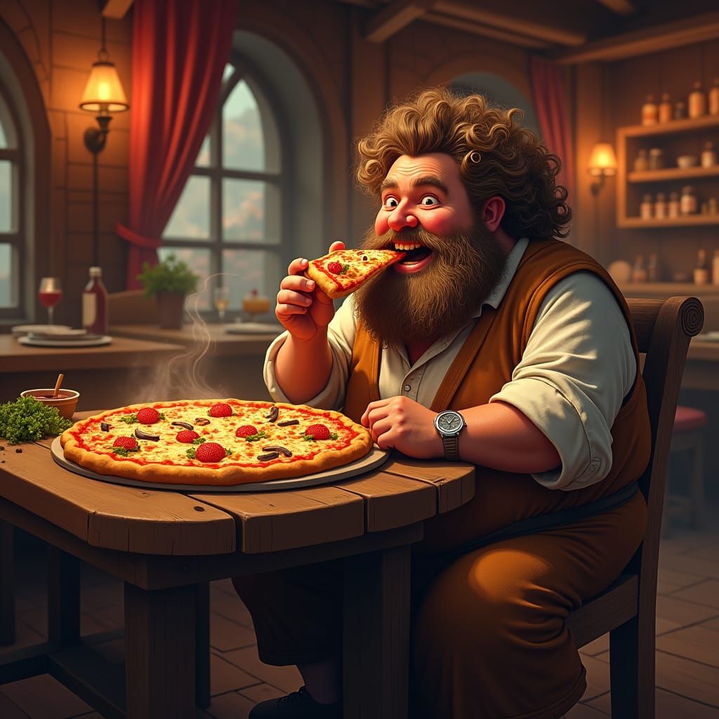 Man Enjoys Pizza in Cozy Tavern, Nostalgic Art Style