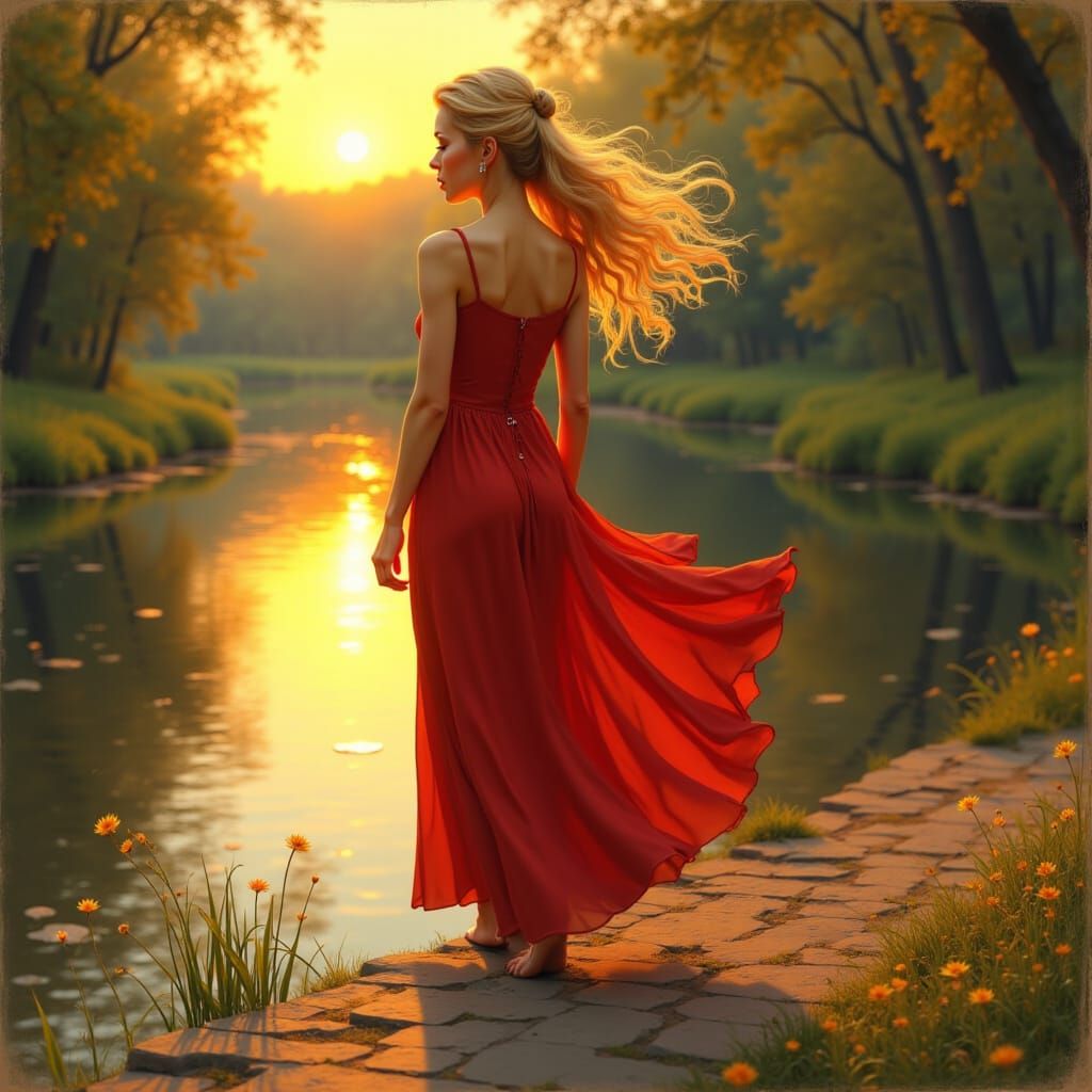 <lora:Juggernaut Art  Flux:1.0> beautiful woman blond longe messy hair, red dress, walking by the river, Sunset, ol payting