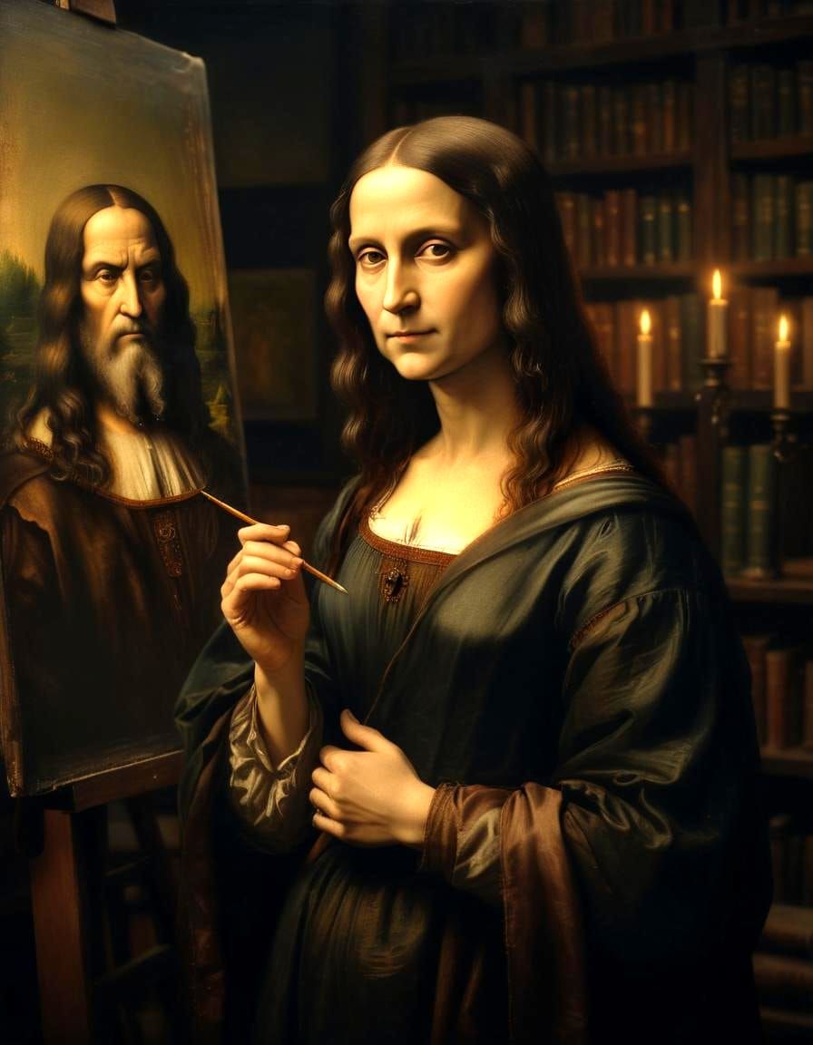 Mona Lisa painting a portrait of Leonardo da Vinci  by @Zepp